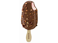Mini Vanilla Ice Cream Stick with cherry syrup, milk chocolate covering and nuts